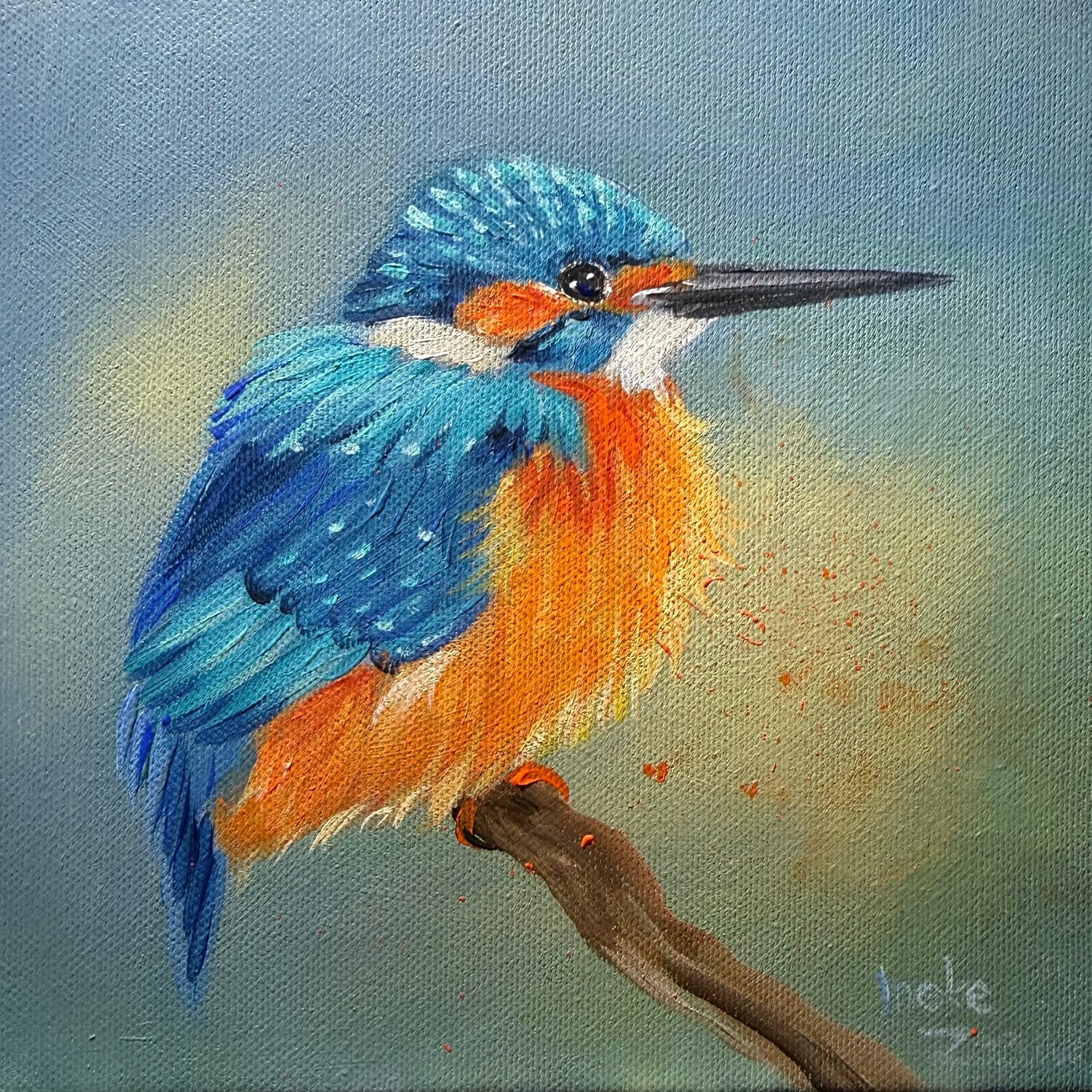Schilderij ijsvogel uit eigen atelier, Acrylverf, Dieren, Overige materialen, Gesigneerd