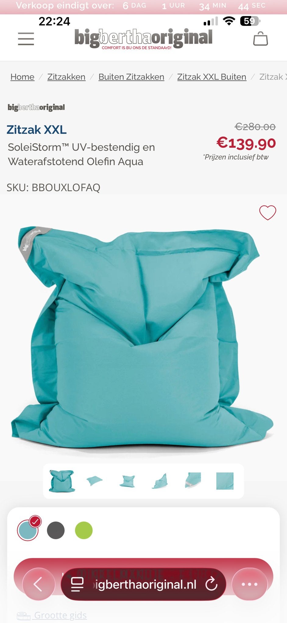 Big Bertha Original Zitzak XXL Aqua - Zo goed als nieuw, Ophalen, Zo goed als nieuw, Blauw, Zitzak