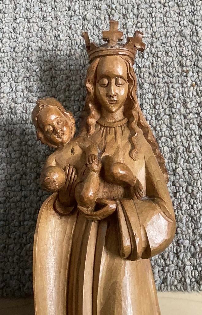Prachtige Houten Madonna met Kind - Handgesneden Beeld, Ophalen of Verzenden, Handgemaakt, 20 - 50 cm, Beeld