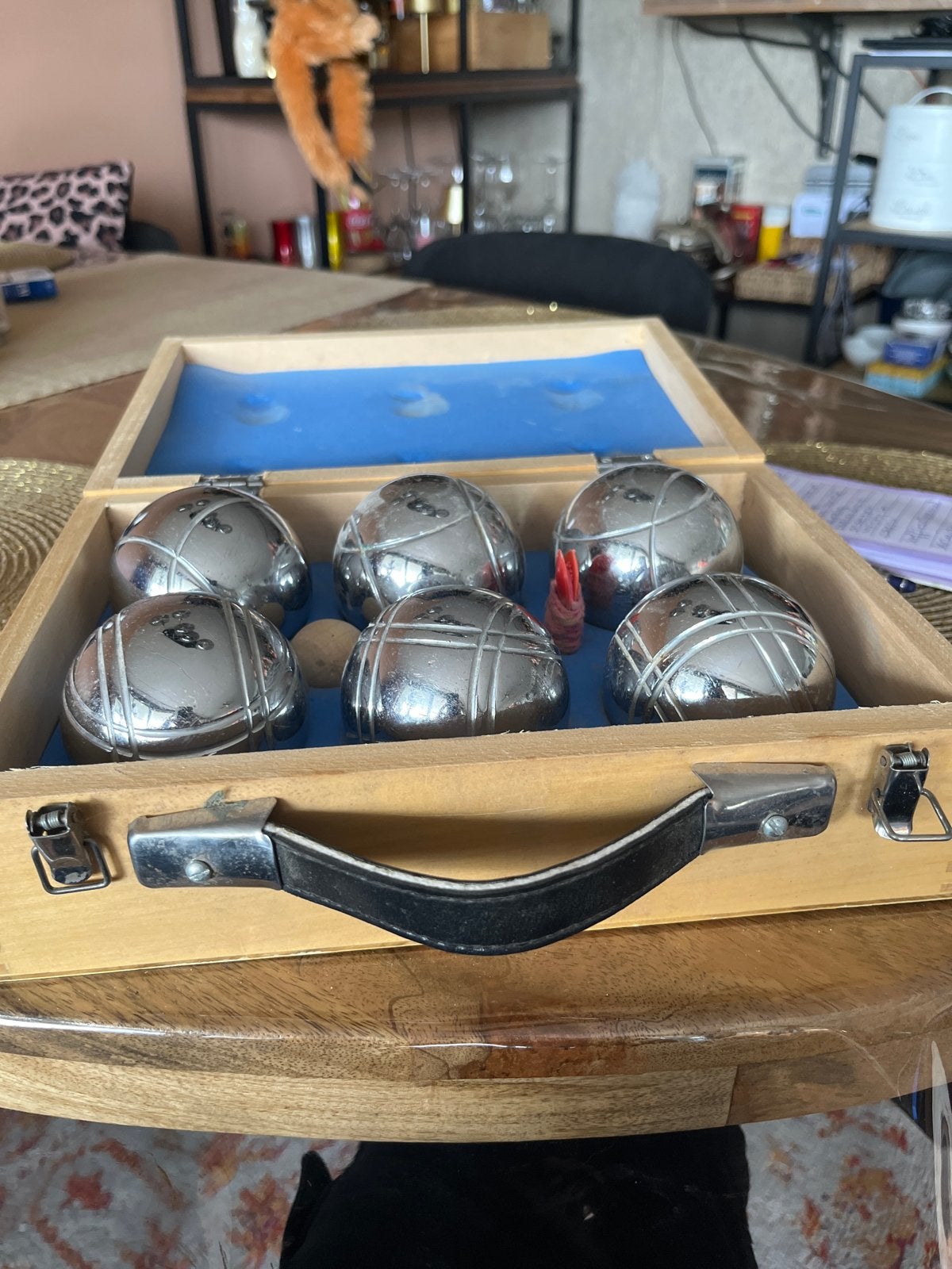 Petanque set in houten kist - 6 ballen, Ophalen, Gebruikt