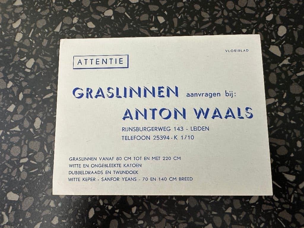 Vloeiblad Graslinnen Anton Waals Leiden. Tel: 25394. Oud., Ophalen of Verzenden, Gebruikt, Gebruiksvoorwerp