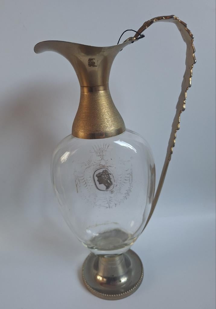 Oude wijnkan van glas met een verguld handvat, Ophalen of Verzenden