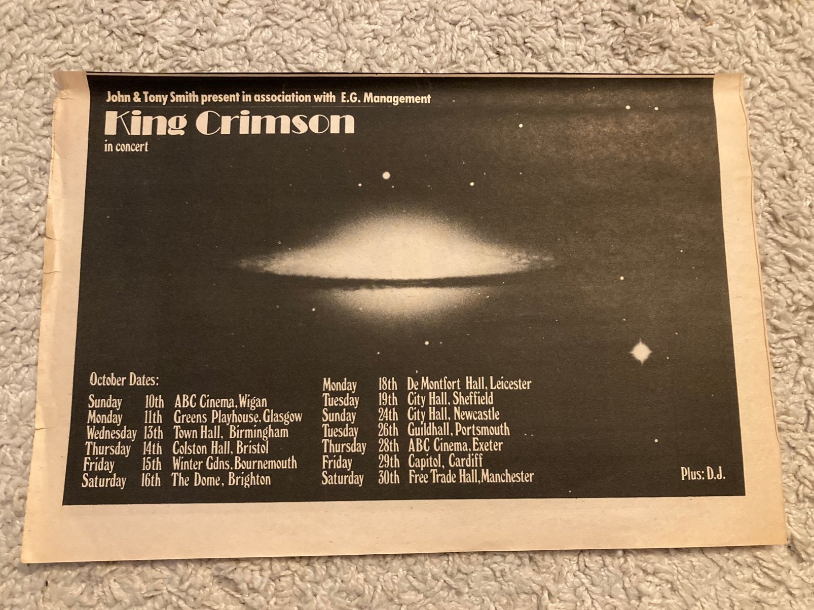 KING CRIMSON tour A4 advertentie, Ophalen of Verzenden, Gebruikt