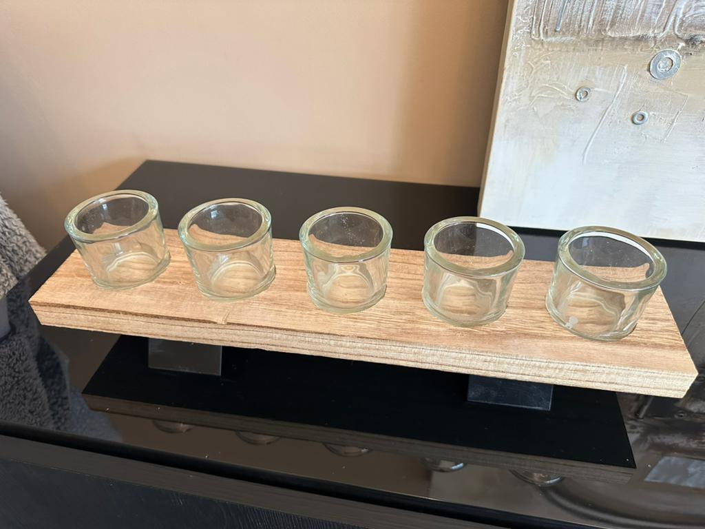 Houten plank met theelichthouders ZGAN, Huis en Inrichting, Woonaccessoires | Kandelaars en Kaarsen, Ophalen of Verzenden, Zo goed als nieuw