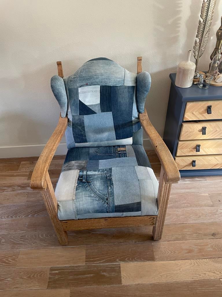 Unieke fauteuil met denim patchwork bekleding, Gebruikt, Blauw, Ophalen of Verzenden, Eén