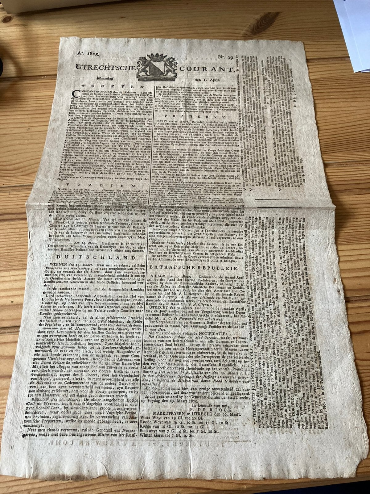 Utrechtsche courant 1805 krant uit Utrecht, Verzamelen, Ophalen of Verzenden, 1940 tot 1960, Krant