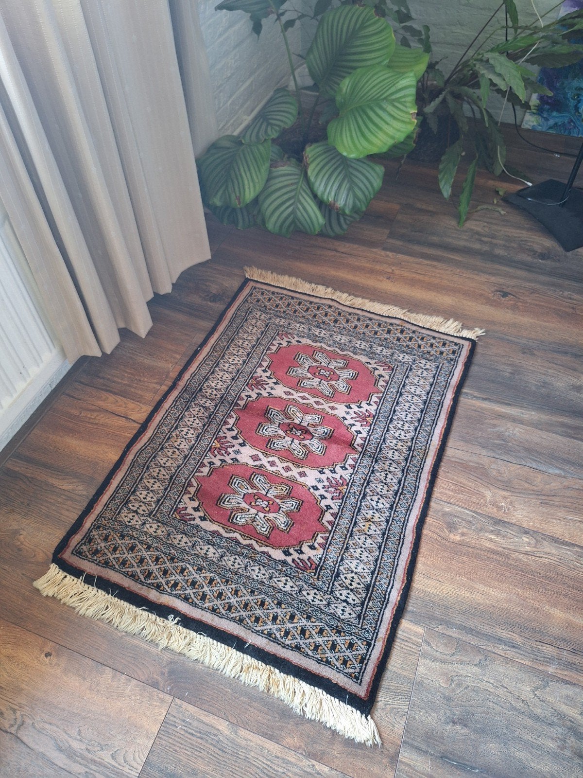 Vintage️ Wollen tapijt * 94x63 cm * Rood/Roze/Blauw, Ophalen of Verzenden