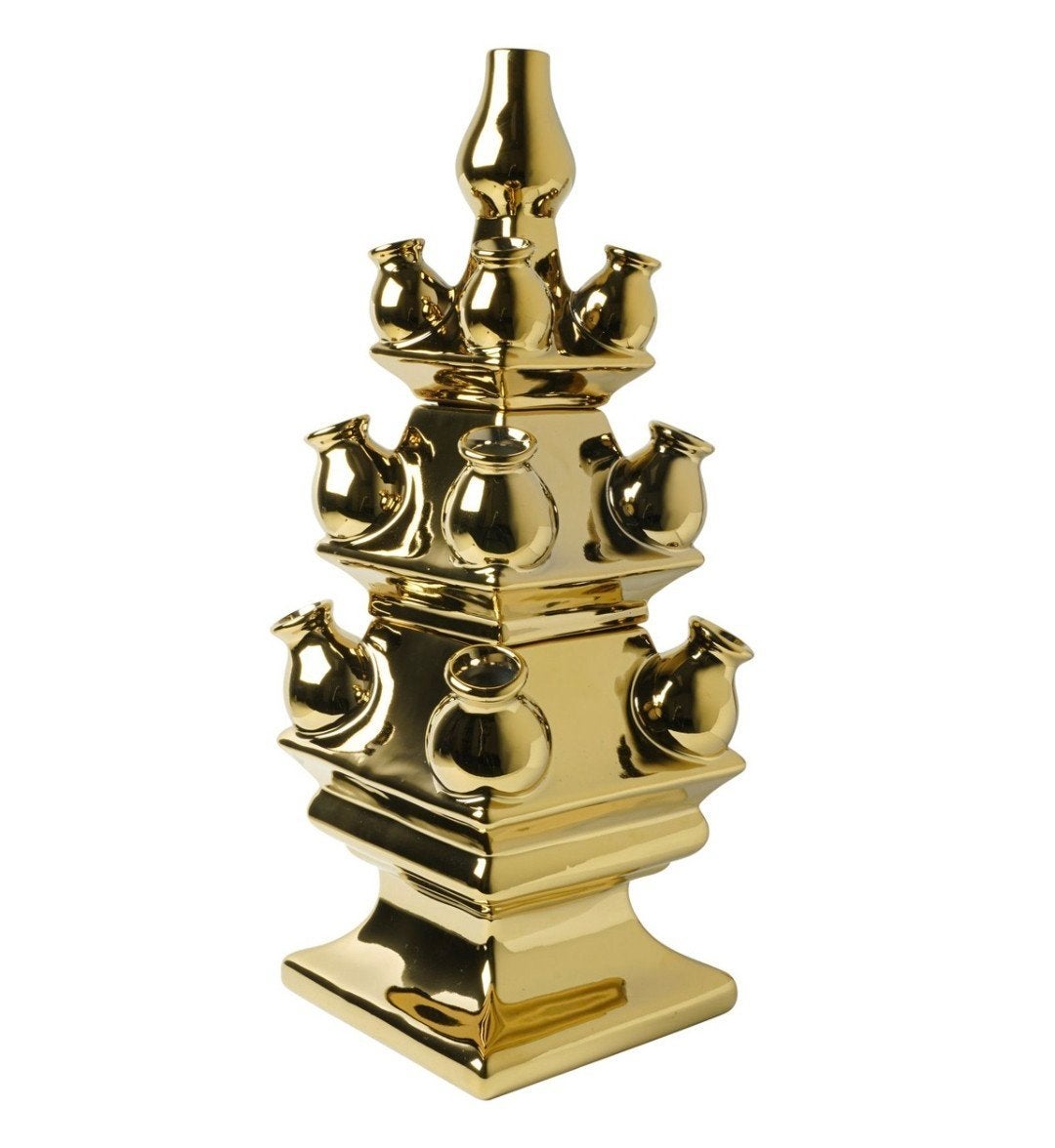 Heinen Delfts Blauw tulpenvaas in goud 3-delige set (NIEUW), Huis en Inrichting, Ophalen of Verzenden, Nieuw, Aardewerk of Porselein