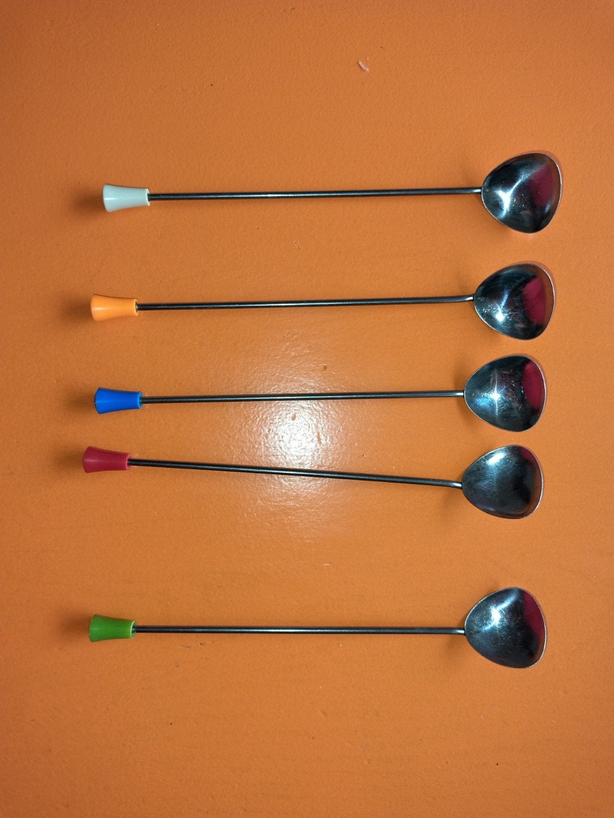Vintage Ijs sorbetlepels Set van 5 met Kleurrijke Handvatten, Antiek en Kunst, Ophalen of Verzenden