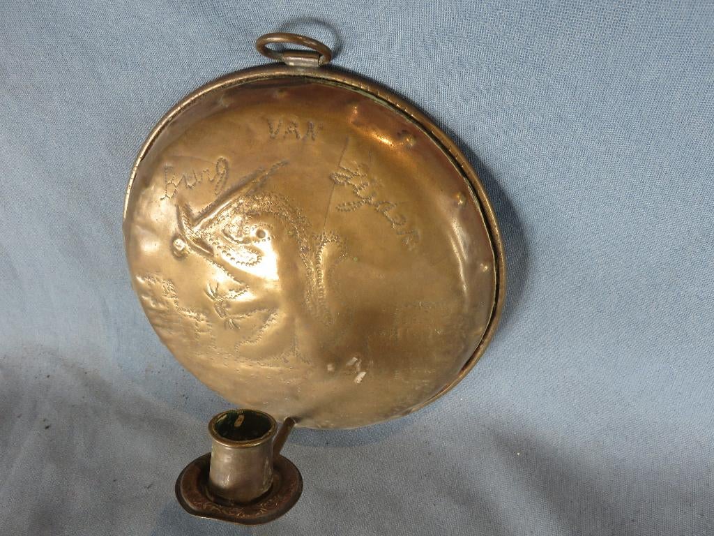 Kandelaar met familie wapen in koper - 18e - 19e eeuw, Antiek en Kunst, Ophalen of Verzenden, Koper of Brons