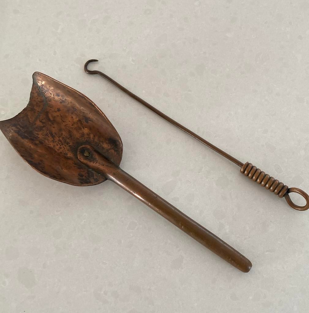Vintage koperen kolenschop en pook handgemaakt, Verzenden, Gebruikt, Vintage