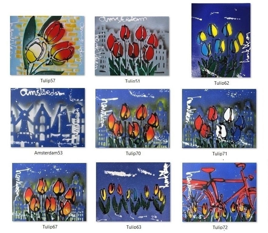 Boardart schilderijtjes thema Amsterdam Tulpen Holland, Ophalen of Verzenden, Gesigneerd, Acrylverf, Bloemen