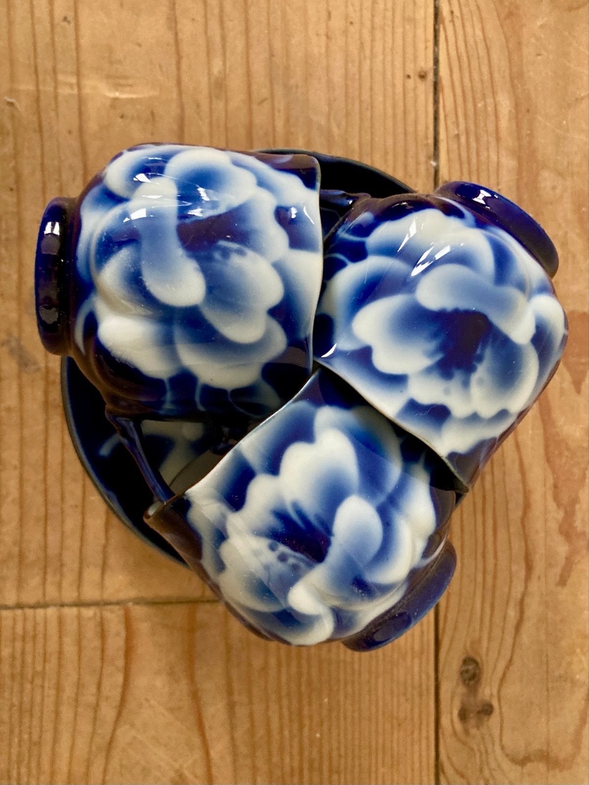Set van 3 vintage blauw-witte theekopjes met schotels, Antiek en Kunst, Ophalen of Verzenden