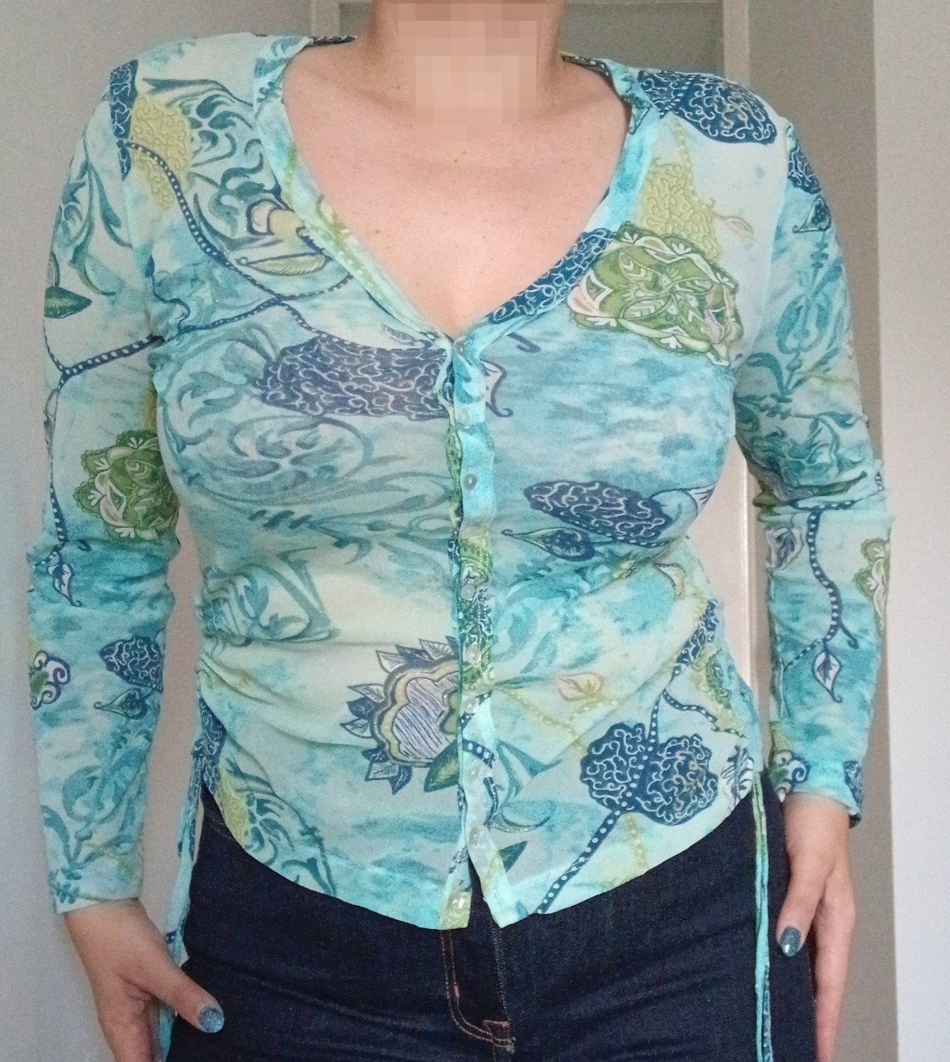 Taifun vintage retro y2k mesh top groen blauw glitter 40, Kleding | Dames, Maat 38/40 (M), Zo goed als nieuw, Taifun, Lange mouw