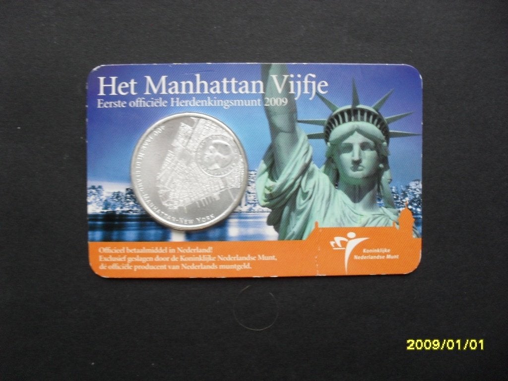Het Manhattan Vijfje - Eerste officiële Herdenkingsmunt 2009, Postzegels en Munten, Ophalen, Zilver, Losse munt, 5 gulden