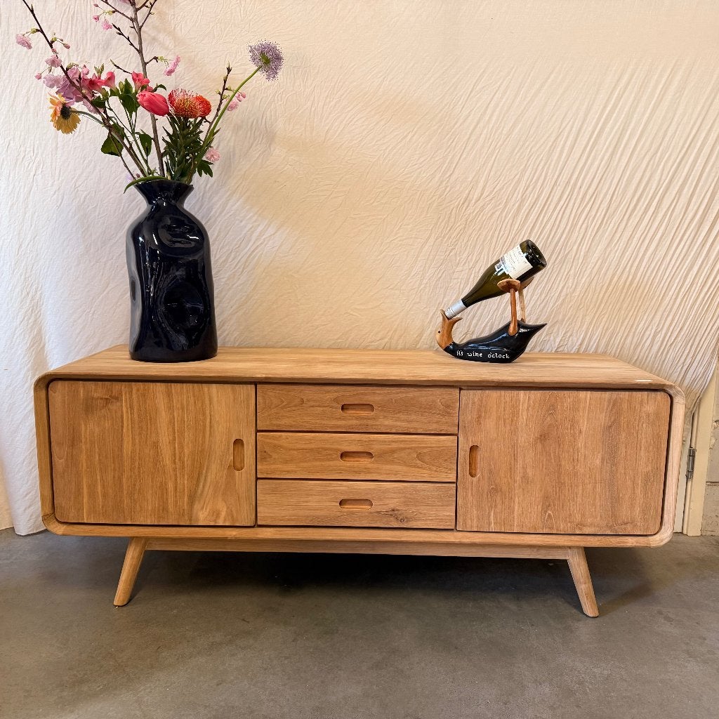 retro tv meubel teak met 3 lades - 150 cm - Gratis bezorgd, TTM Wonen, Meubels – (Perzische) Tapijten en Woonaccessoires, 100 tot 150 cm