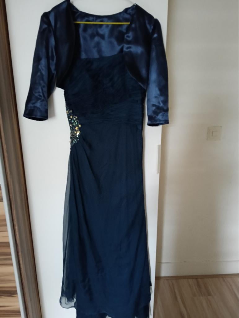 Elegante donkerblauwe galajurk met bolero, Galajurk, Blauw, Ophalen of Verzenden, Maat 36 (S)