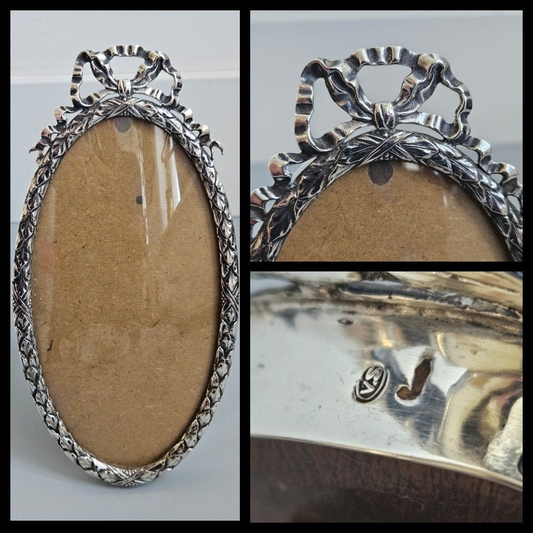 antiek zilver ovaal fotolijst met strikvorm, bol glas, Antiek en Kunst, Ophalen of Verzenden, Zilver