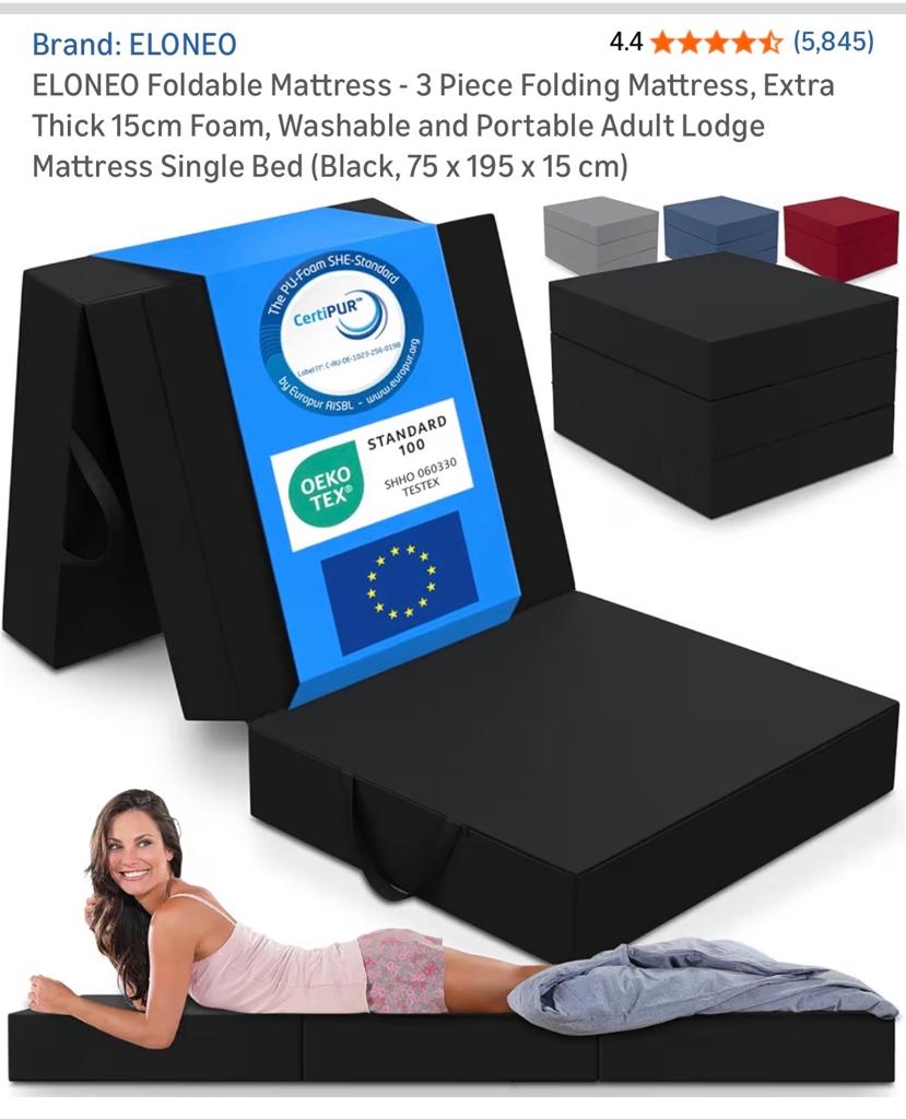 ELONEO Opvouwbaar Matras - 3-delig, 15cm Dik Schuim, Zwart, Ophalen, Nieuw, 190 cm of minder, Matras