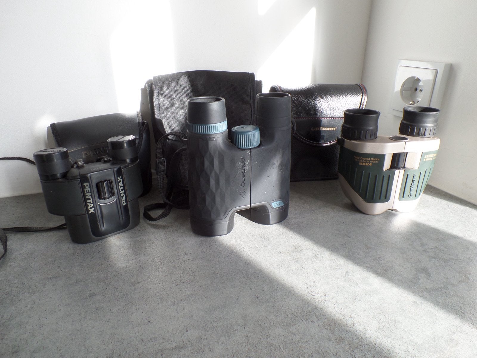 3 verrekijkertjes, Pentax, Optisan, Quechua, Gebruikt, 8 tot 12x, Met hoes of tas, Porro (met knik)