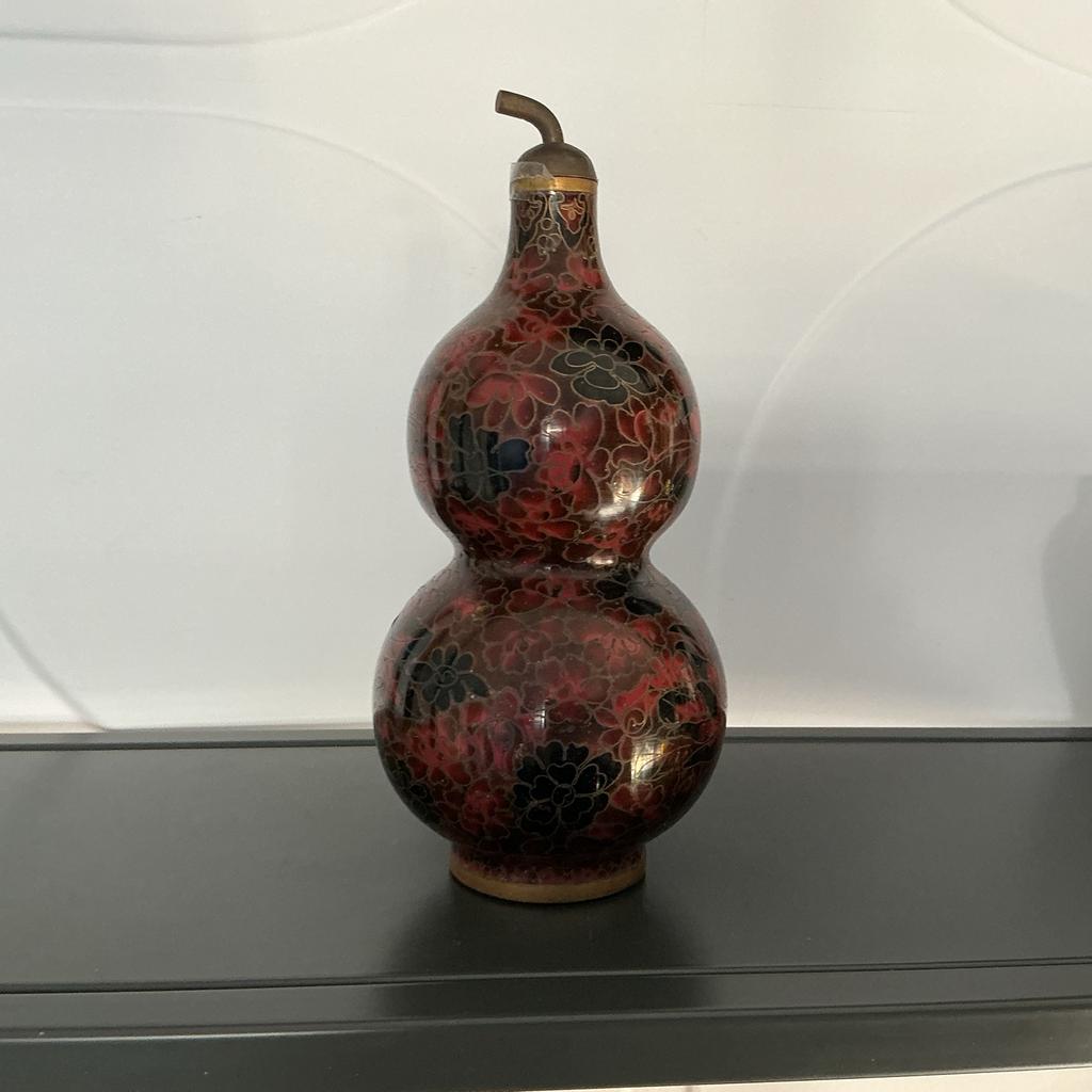 Vintage Cloisonné Kalebas Vaas - Rood/Zwart Bloemenpatroon, Antiek en Kunst, Ophalen of Verzenden