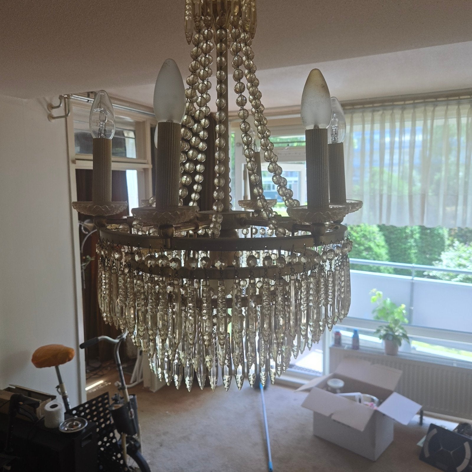 Vintage kristallen zakkroonluchter / kroonluchter (Ø 45 cm), Huis en Inrichting, Lampen | Kroonluchters, Ophalen, Gebruikt, Glas