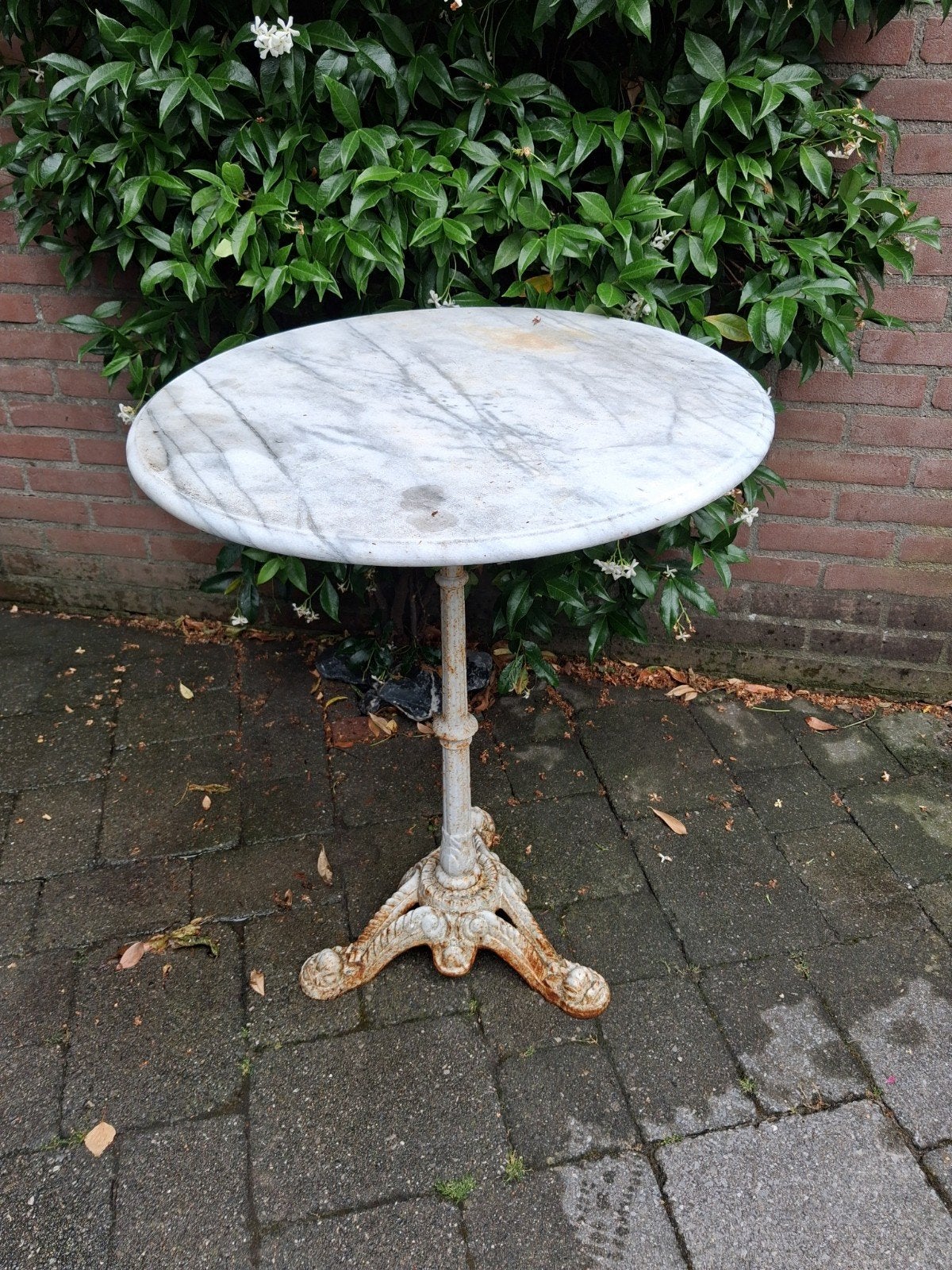 Marmeren Bistrotafel met Gietijzeren Onderstel, Ophalen