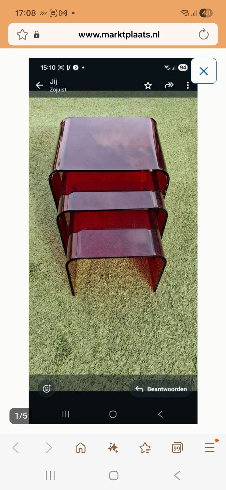 Vintage rode plexiglas bijzettafels (set van 3), Huis en Inrichting, Tafels | Bijzettafels, Kunststof, Gebruikt, Rechthoekig, Ophalen