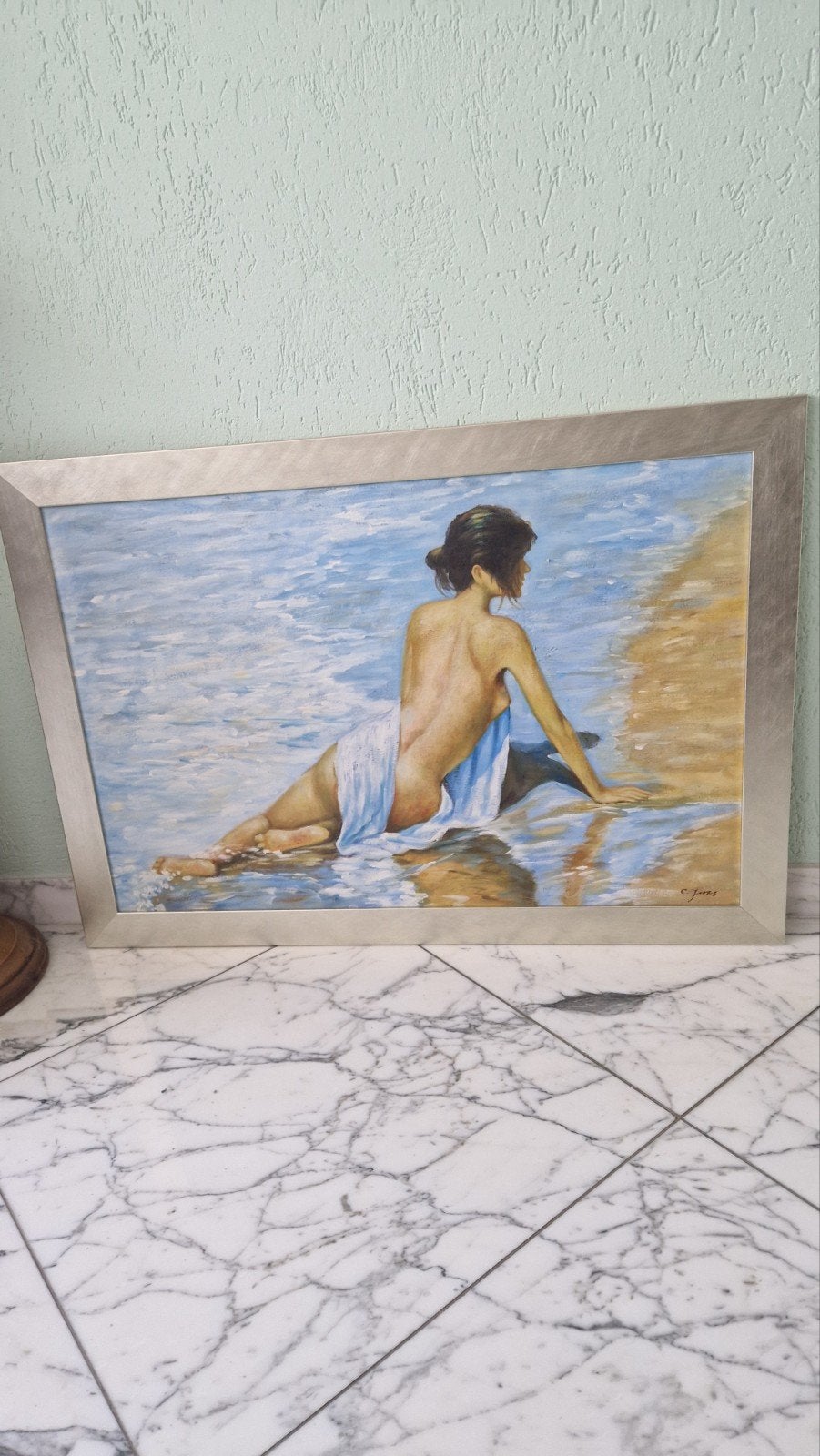 Schilderij C. Jones - Vrouw aan het water - 100x71cm, Ophalen