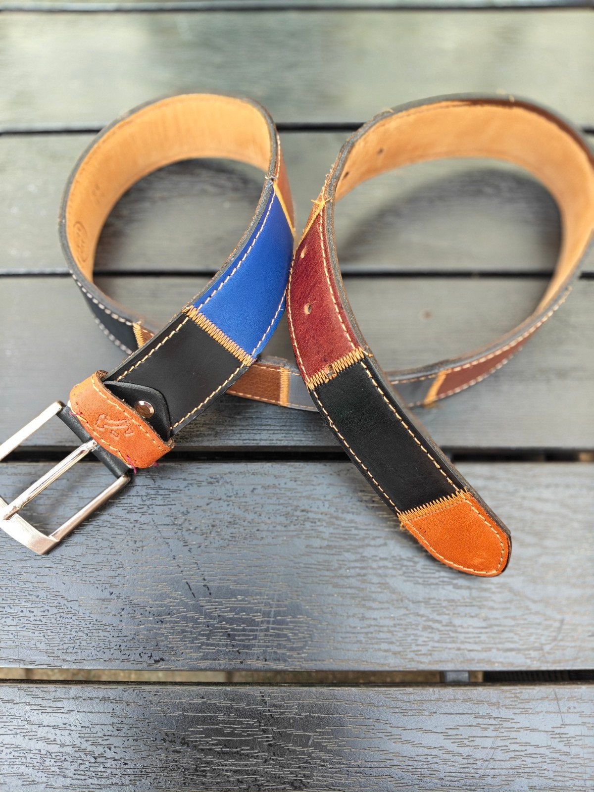 Lederen riem met patchwork design, Overige kleuren, CreisPel, Echt leder, Heupriem