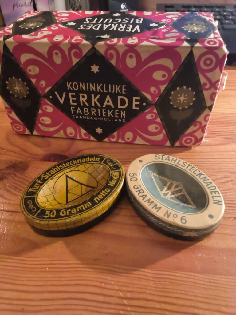 Vintage Verkade koekjesdoos en stalen spelden doosjes, Ophalen of Verzenden, Gebruikt