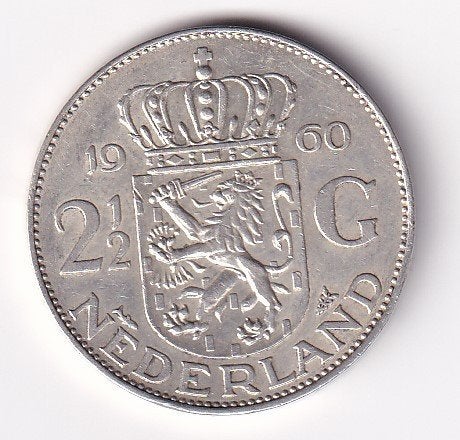 2 1/2 Gulden 1960 met randtikje, Koningin Juliana, Verzenden, Zilver, Losse munt