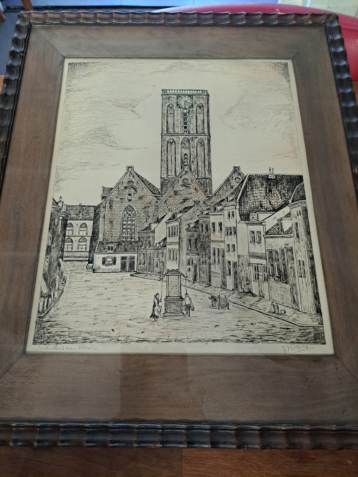 Jacobie Herklofs Utrecht ets, gesigneerd, ingelijst, Antiek en Kunst, Ophalen, Ets, Stadsgezicht, Ingelijst