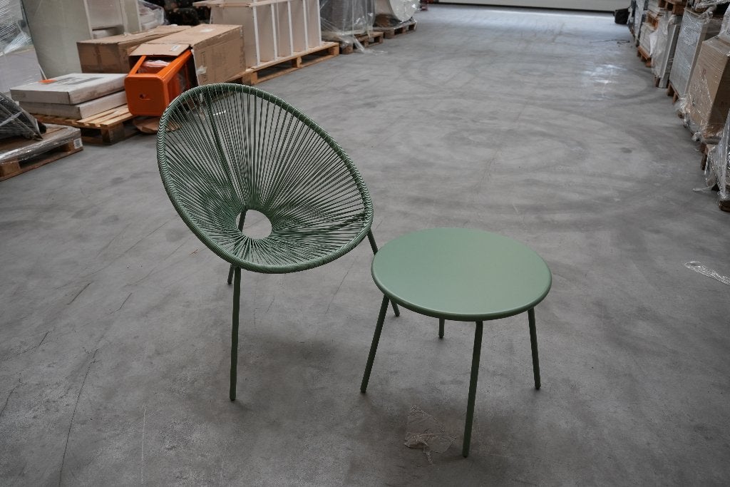 Retro tuinset - 6 groene draadstoelen + 2 tafels, Kunststof, Gebruikt, Bijzettafel, Loungeset