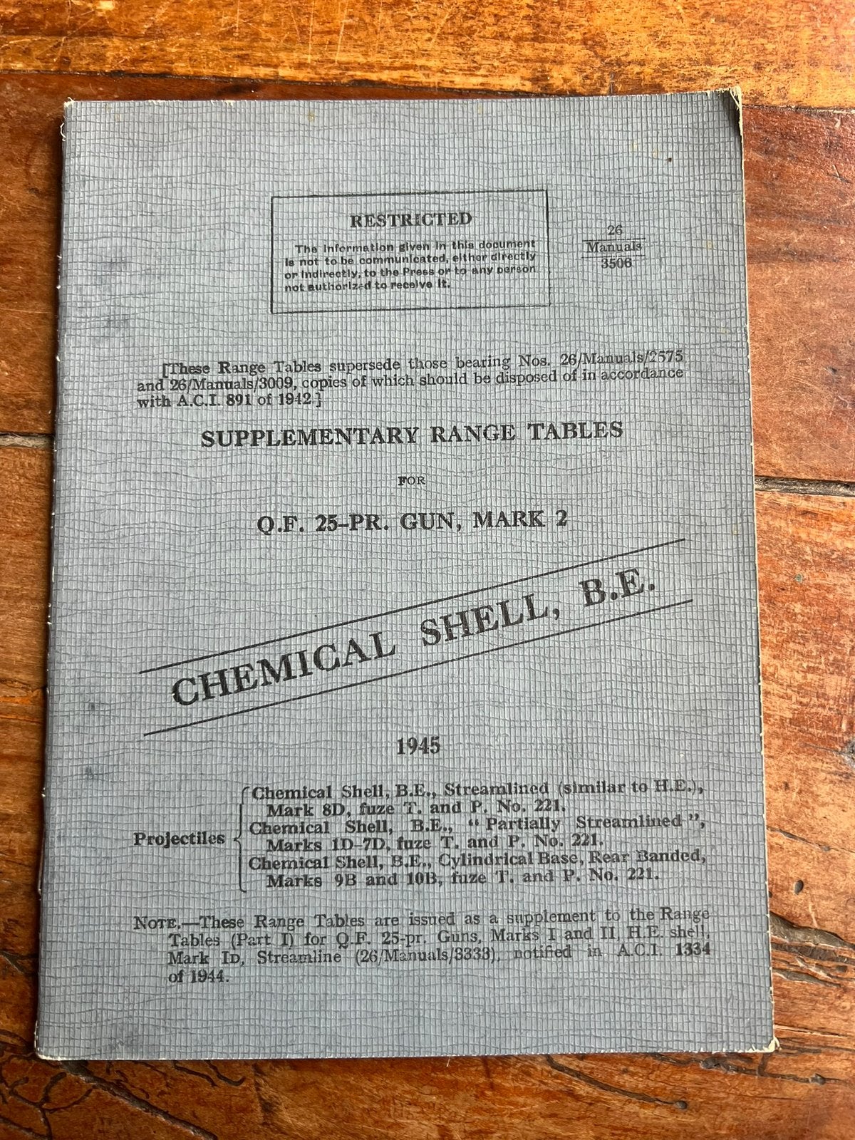 WO2 Brits firing tables voorschrift 25 pdr chemical shell, Verzamelen, Verzenden, Engeland