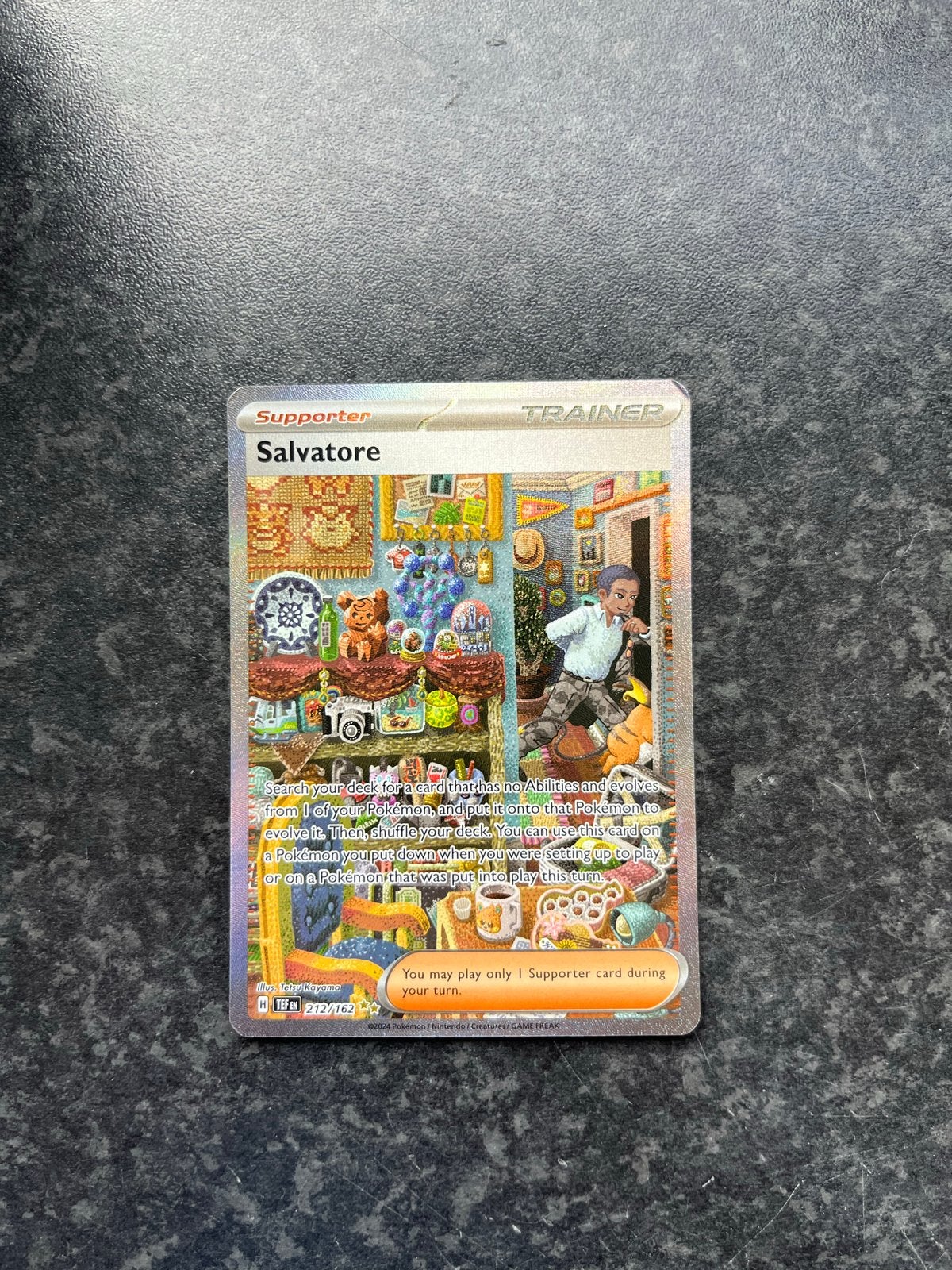 Pokemon Kaart Salvatore 212/162 Full Art Supporter, Ophalen of Verzenden, Zo goed als nieuw, Losse kaart, Foil