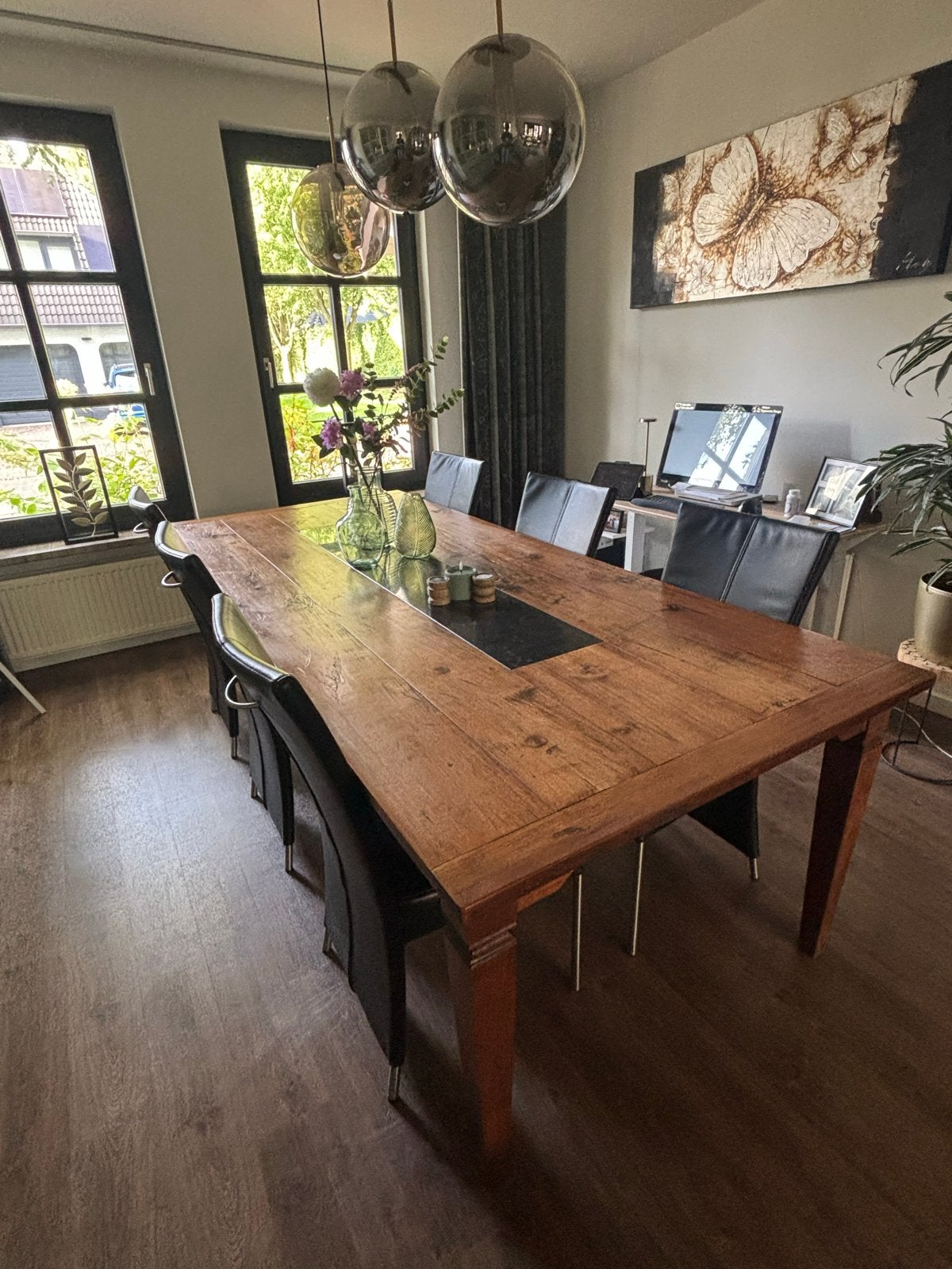 Grote eettafel eethoek met 6 zwarte stoelen, Ophalen, Gebruikt, 100 tot 150 cm, Eikenhout