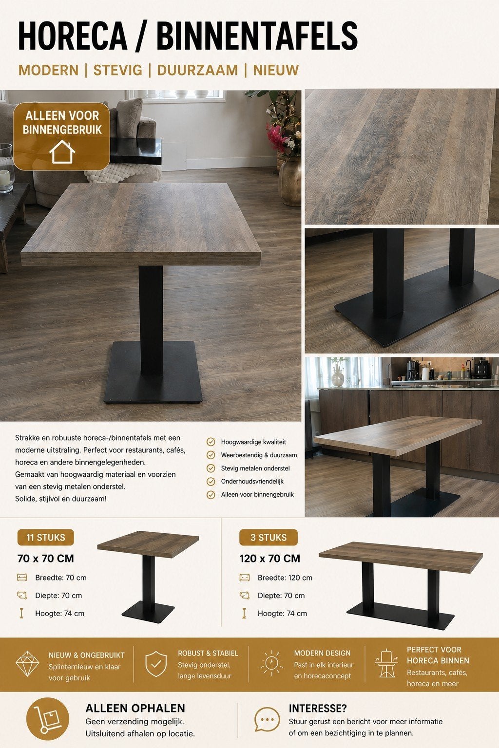 Moderne Horeca/Binnentafel - Nieuw en Stevig, 50 tot 100 cm, Modern, Industrieel, 50 tot 100 cm, Rechthoekig