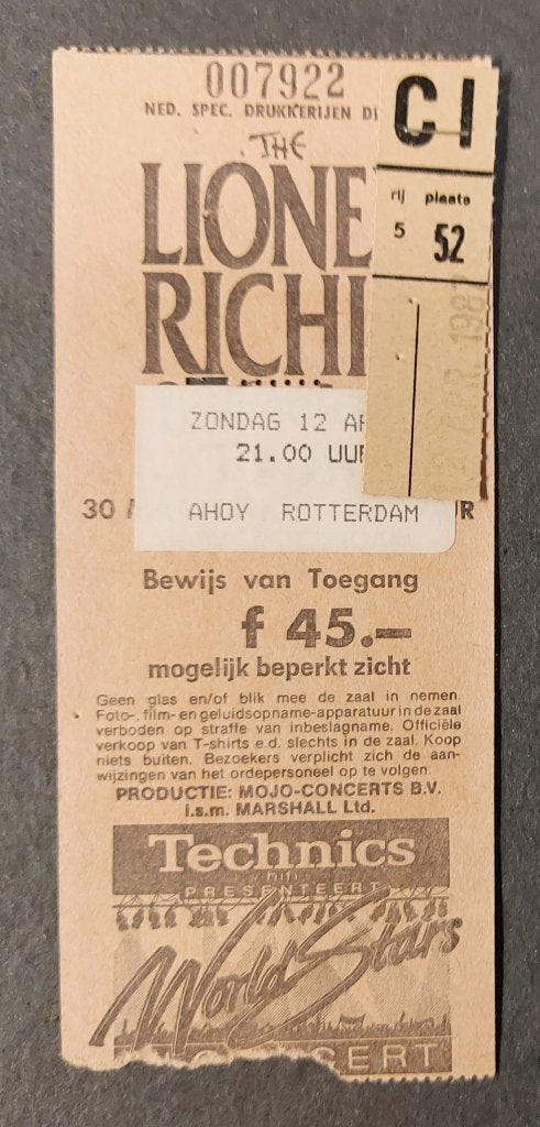 Lionel Richie TICKET CONCERT KAARTJE 1987 Ahoy Rotterdam, Verzamelen, Muziek, Artiesten en Beroemdheden, Gebruikt, Lionel Richie