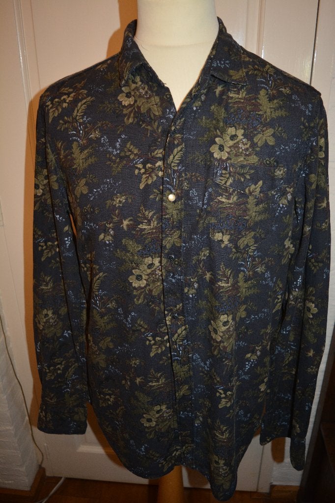 Replay, grappig gebloemd overhemd, maat L, Kleding | Heren, Blauw, Ophalen of Verzenden, Zo goed als nieuw, Halswijdte 41/42 (L)