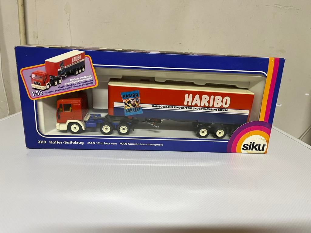 Siku 3119, MAN F90 + Trailer, HARIBO Uitvoering, Schaal 1:55, Hobby en Vrije tijd, Ophalen of Verzenden, Nieuw, Bus of Vrachtwagen