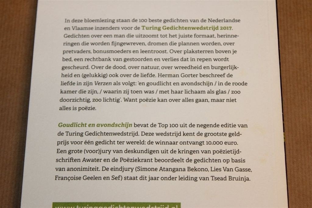 Goudlicht en Avondschijn — 100 Gedichten, Turing 2017, Ophalen of Verzenden, Zo goed als nieuw