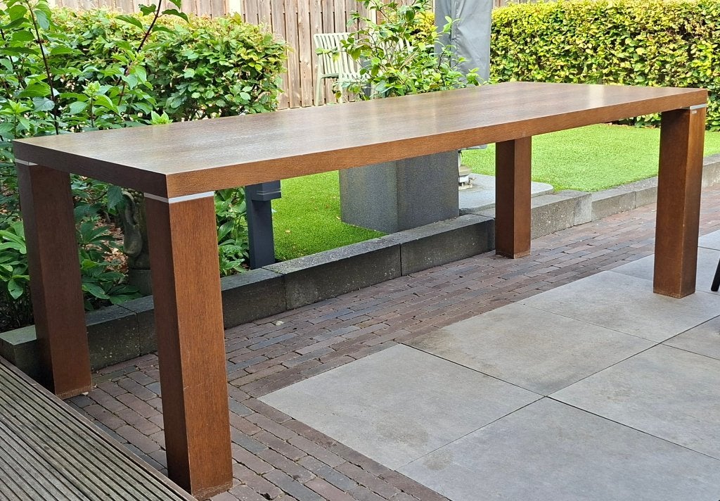 Strakke houten eettafel met demontabele poten, Ophalen, Strak, Gebruikt, 200 cm of meer