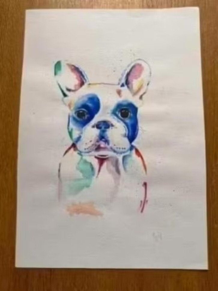 Aquarel : hond - franse buldog, Minder dan 50 cm, Oorspronkelijke maker, Ophalen of Verzenden, Zo goed als nieuw