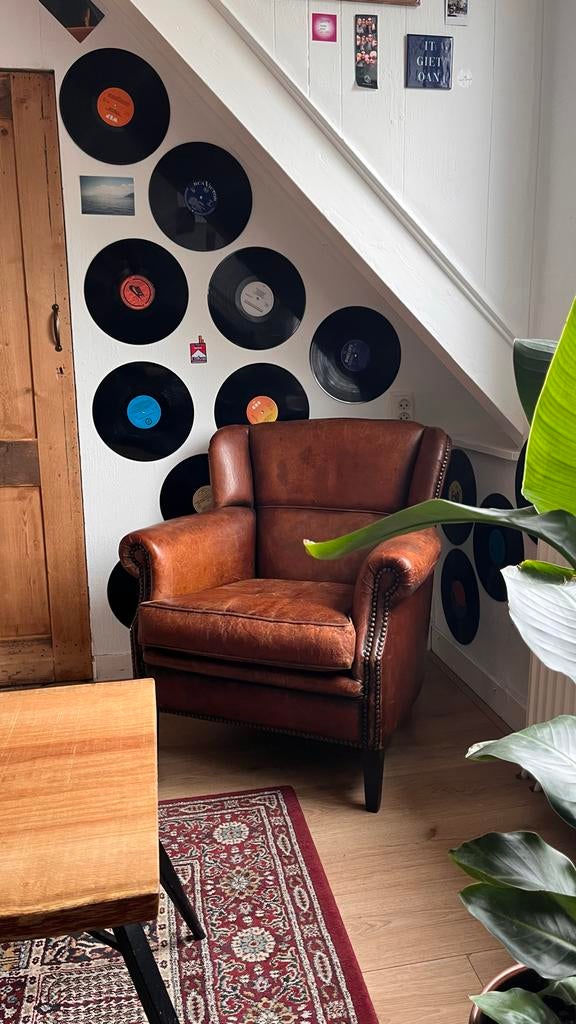 Vintage Schapenleren Fauteuil - Comfortabel en Stijlvol, Huis en Inrichting, Fauteuils, Ophalen, Gebruikt, Minder dan 75 cm, Leer