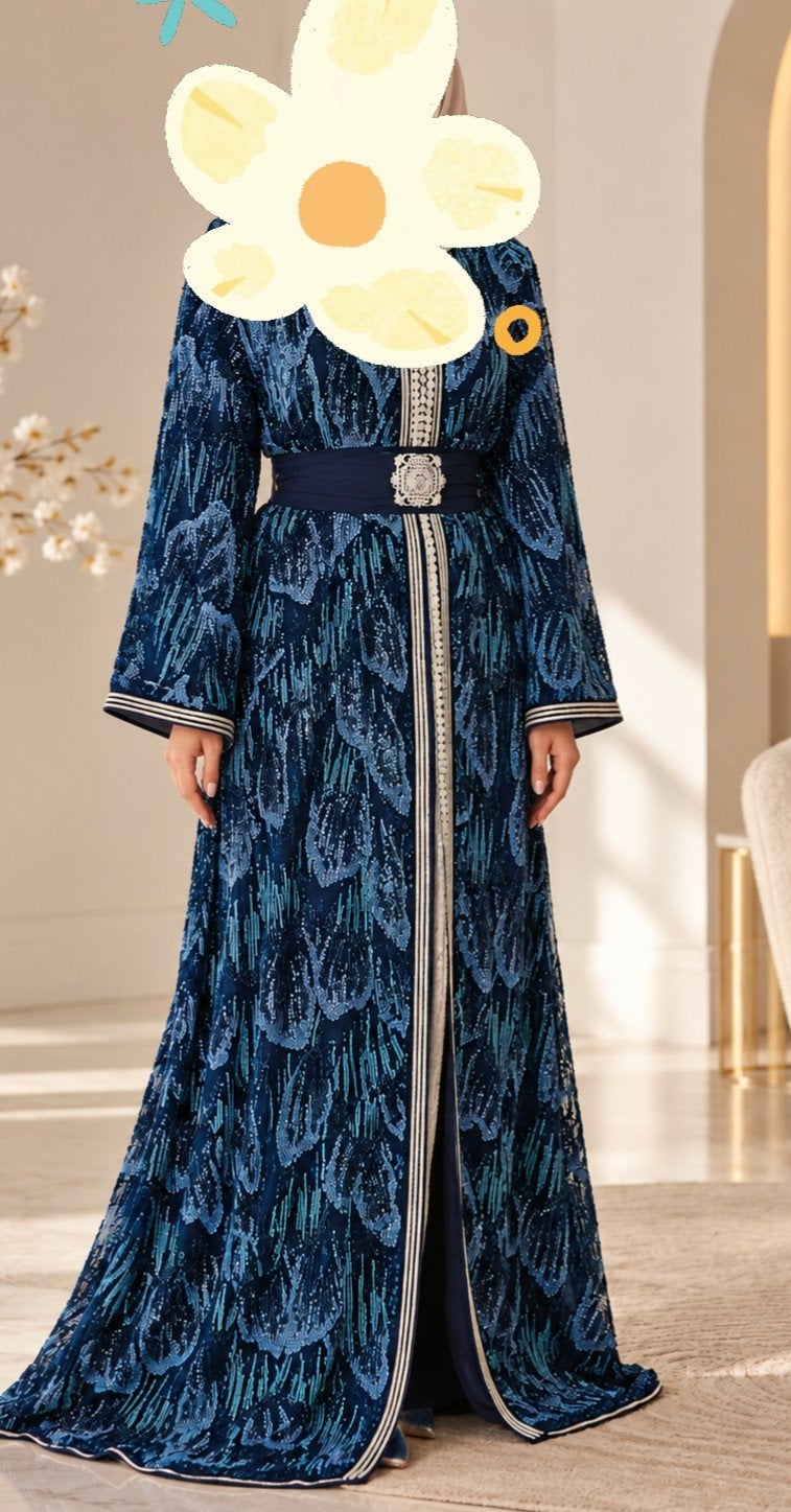 Elegante Marokkaanse jurk, Ophalen of Verzenden, Zo goed als nieuw, Blauw, Onder de knie
