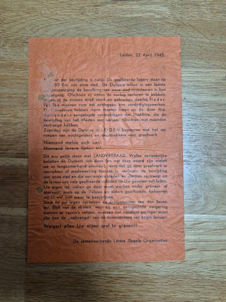 wo2 Leidse Illegale Organisaties pamflet 22 april, 1945, Ophalen of Verzenden, Nederland, Boek of Tijdschrift