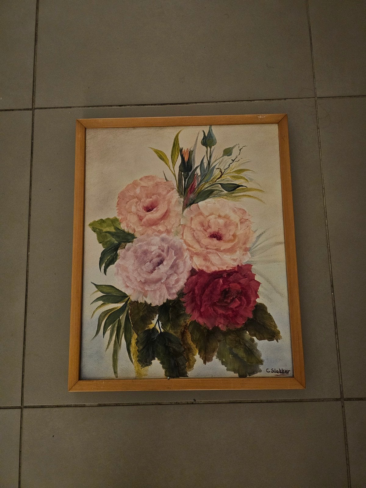 Schilderij met bloemen, gesigneerd C. Slabber, Doek, Realistisch, Ophalen, Bloemen