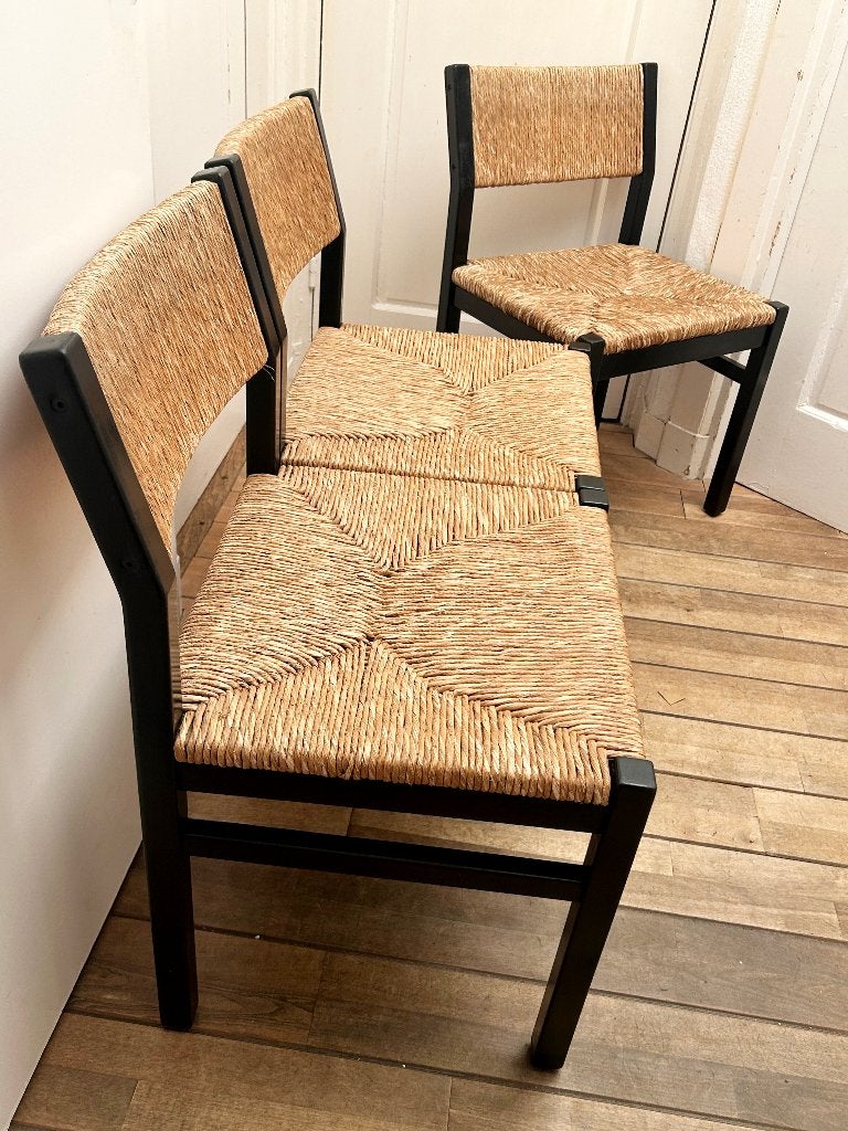 3 vintage Mid-Century 70s Pastoe stoelen/biezen zitting, Gebruikt, Mid-Century-Modern Dutch Design Pastoe, Drie, Zwart