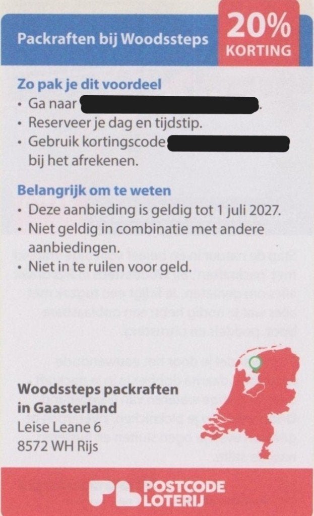 Packraften bij Woodsteps, Gaasterland. 20% korting., Tickets en Kaartjes, Recreatie | Pretparken en Attractieparken, Drie personen of meer